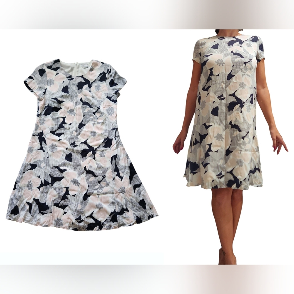 Club Monaco Silk‎ White Black Pink Floral Short Sleeve Dress Sz 4 Oversized Work